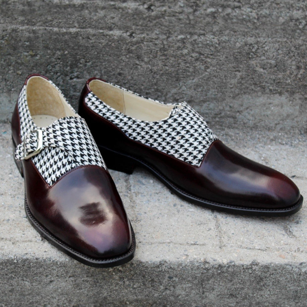Unique and Classic Houndstooth Fabric & Patina Monk Strap Dress Shoes