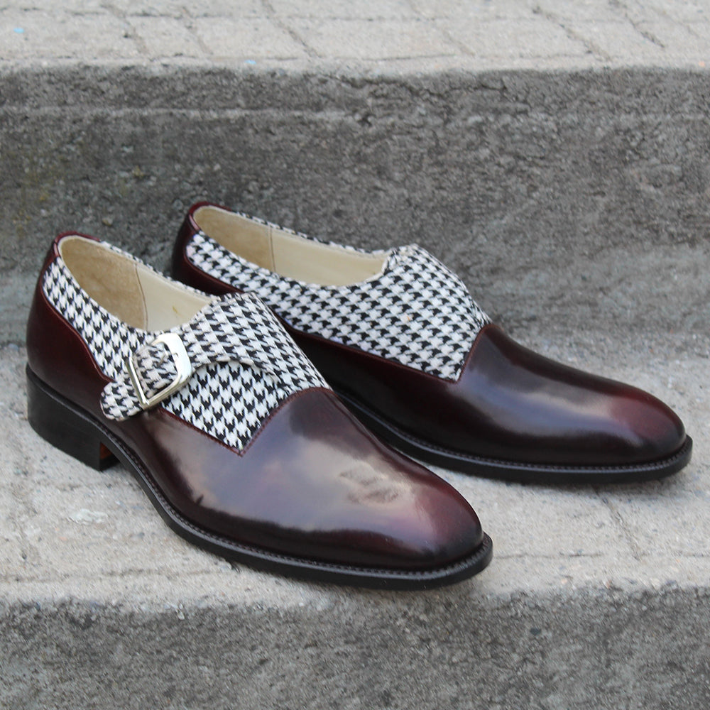 Unique and Classic Houndstooth Fabric & Patina Monk Strap Dress Shoes