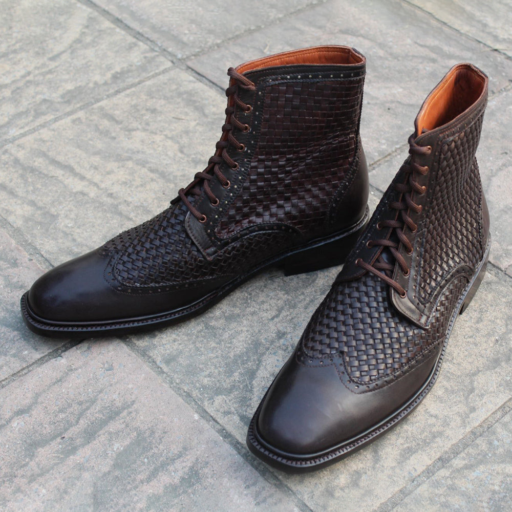 Dark Brown Woven Leather Ankle High Lace up Dress Boots