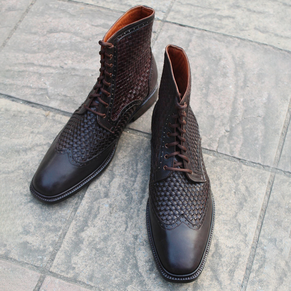 Dark Brown Woven Leather Ankle High Lace up Dress Boots