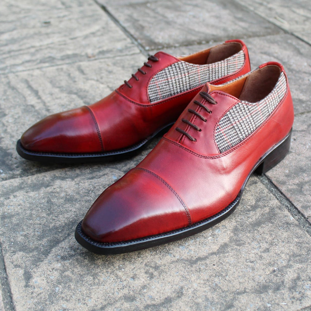 Men Red Tweed Leather Contrast Oxford Dress Lace up Shoes