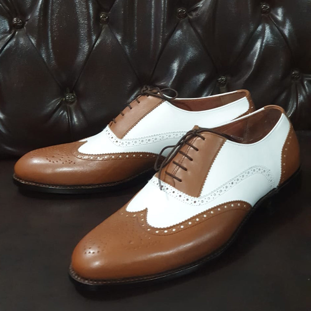 Men Brown White Leather Wingtip Oxford Dress Shoes