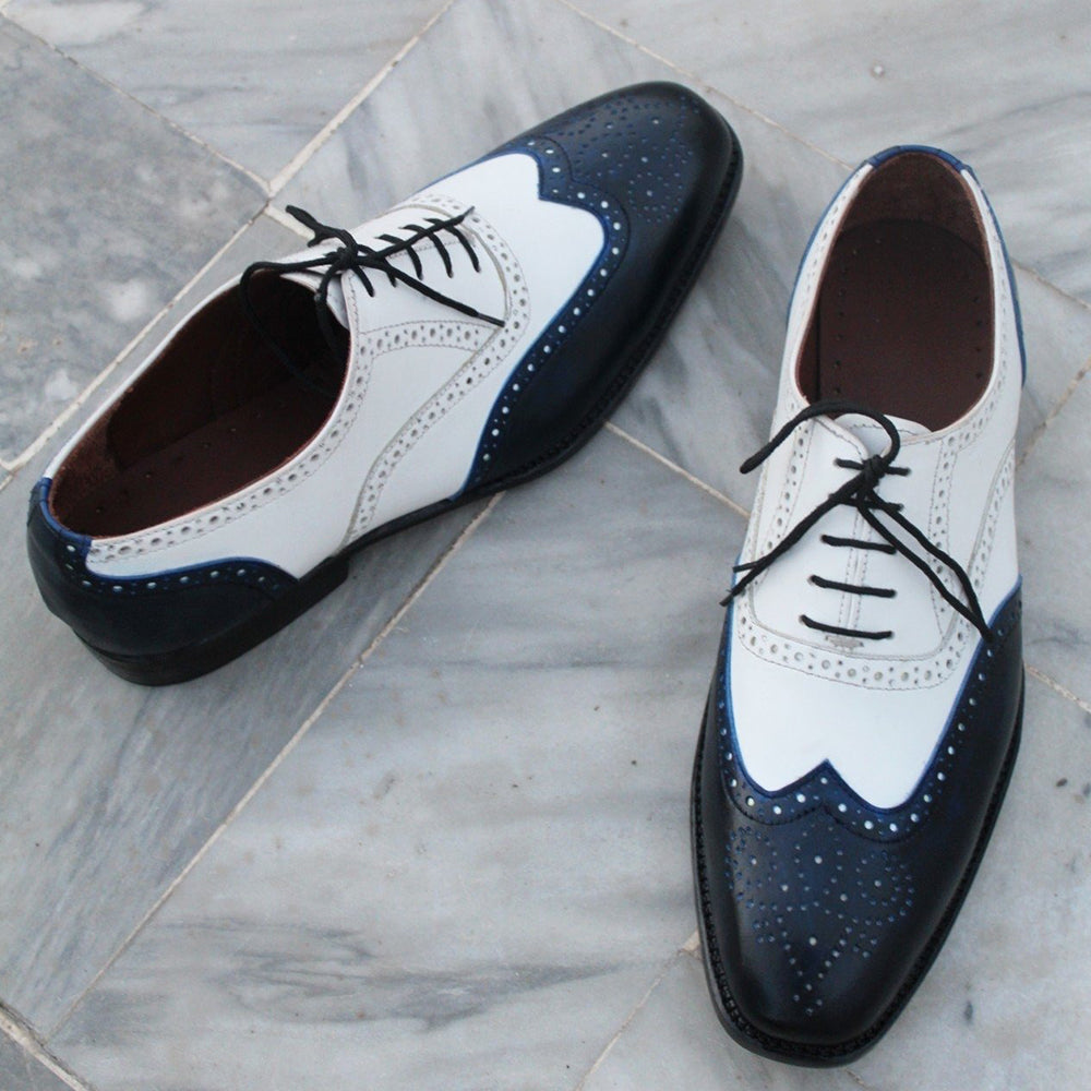 Men Blue White Leather Wingtip Oxford Dress Shoes