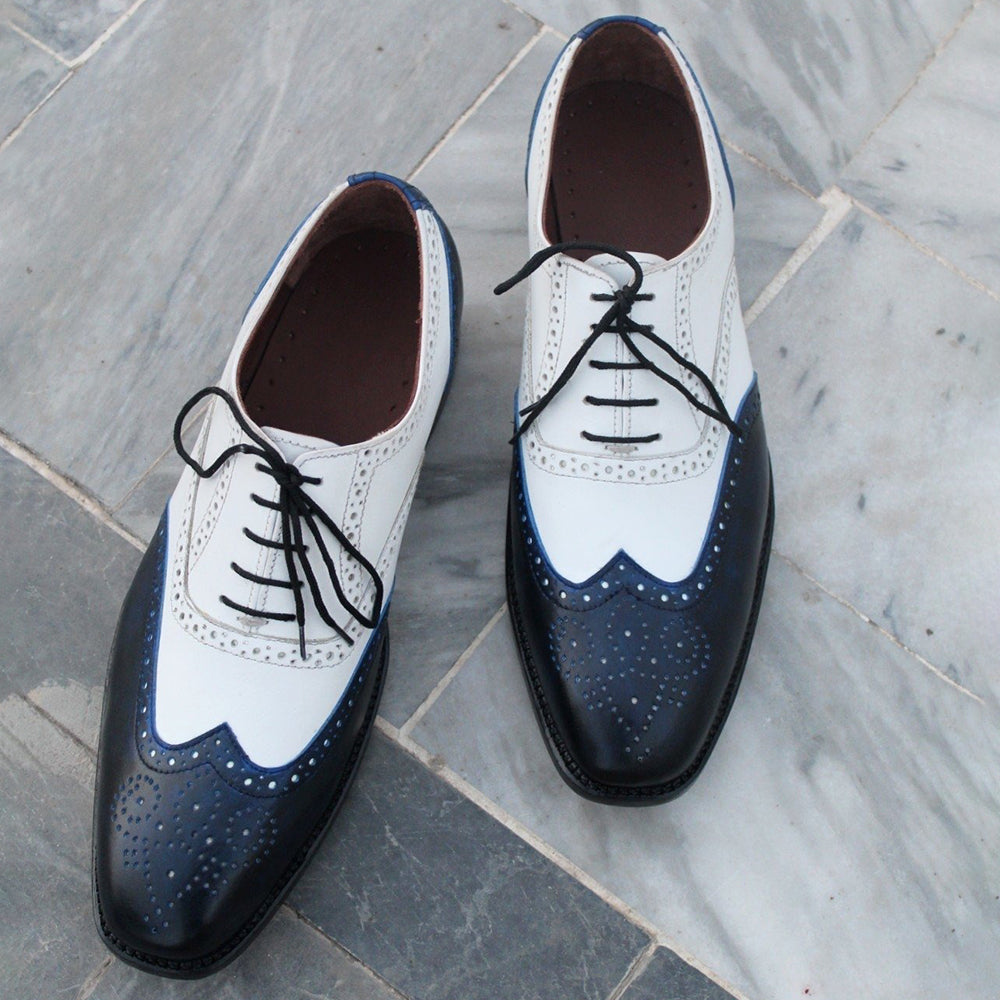 Men Blue White Leather Wingtip Oxford Dress Shoes