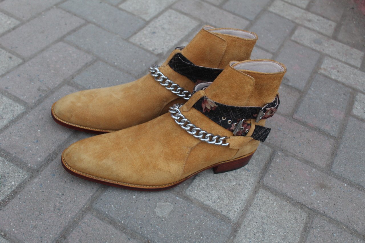 Pure Suede Beige Stylish Chain Ankle High Strap Boot