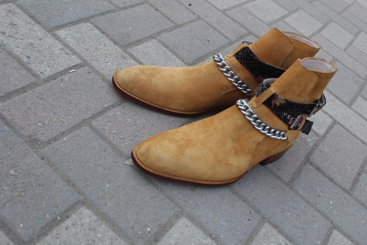 Pure Suede Beige Stylish Chain Ankle High Strap Boot