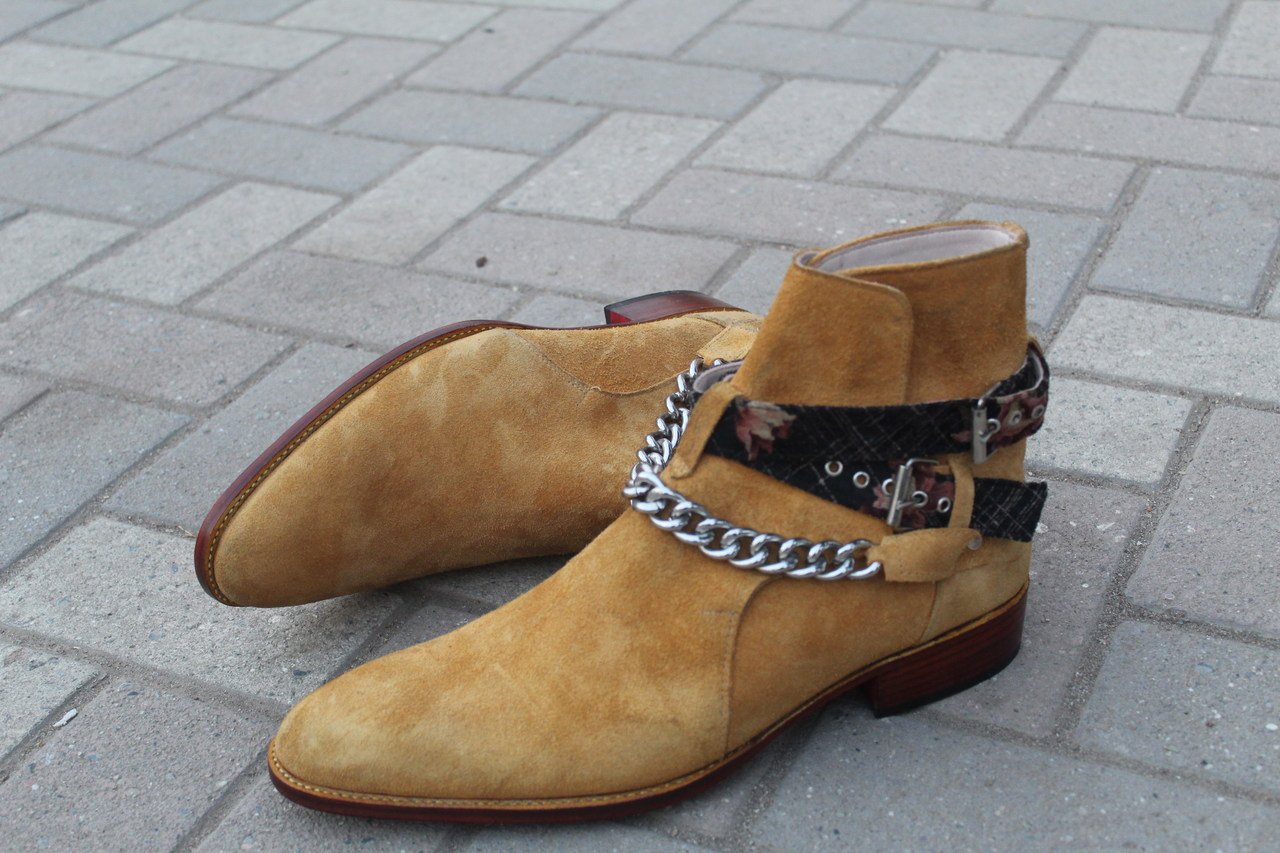 Pure Suede Beige Stylish Chain Ankle High Strap Boot