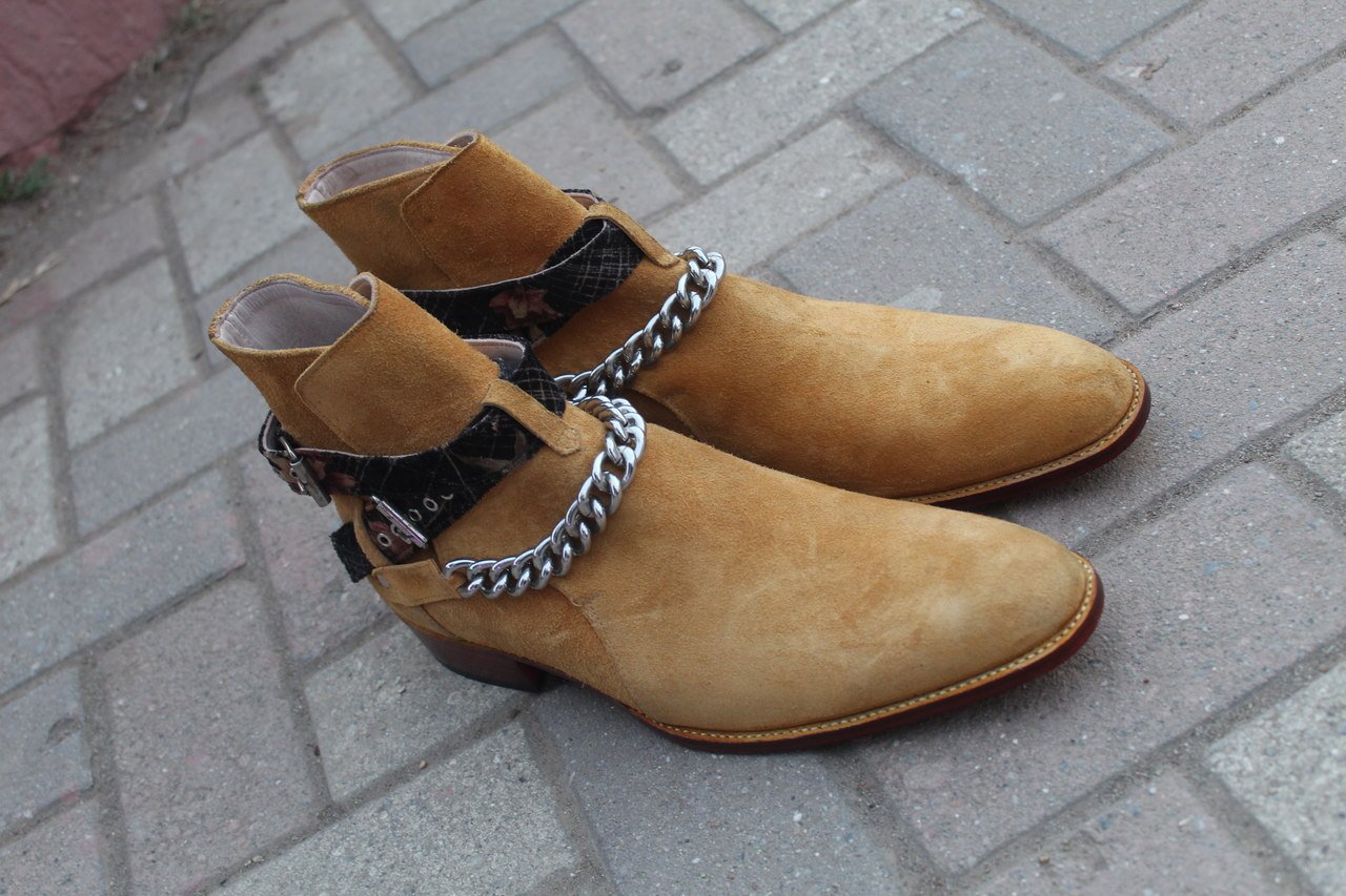 Pure Suede Beige Stylish Chain Ankle High Strap Boot