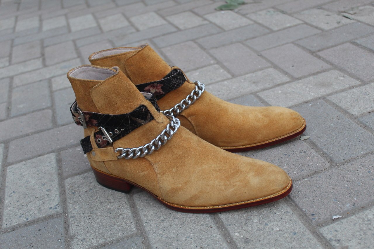 Pure Suede Beige Stylish Chain Ankle High Strap Boot
