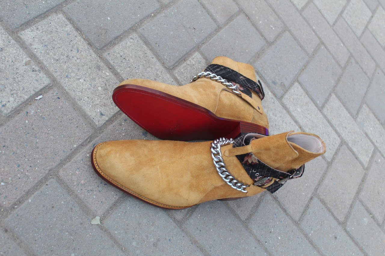 Pure Suede Beige Stylish Chain Ankle High Strap Boot