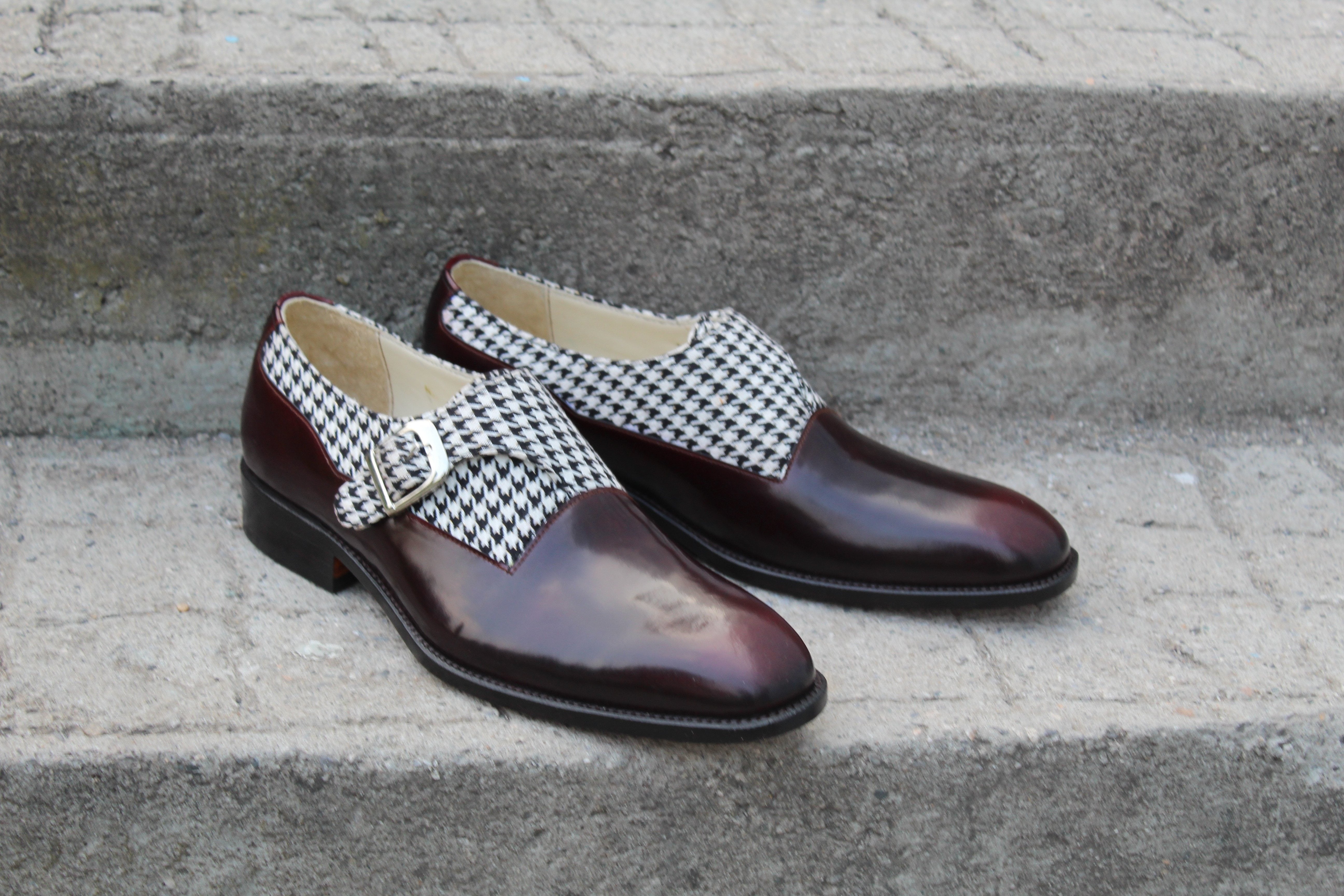 Unique and Classic Houndstooth Fabric & Patina Monk Strap Dress Shoes