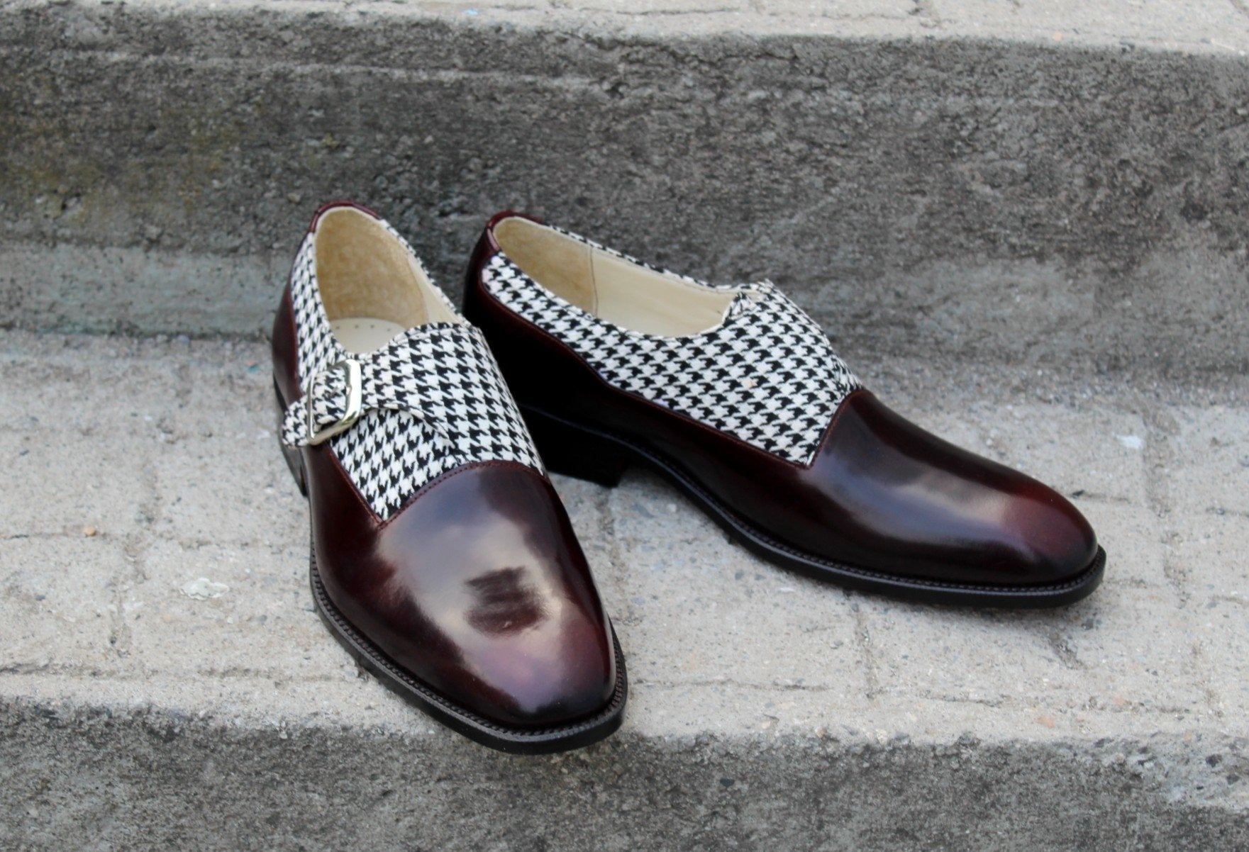 Unique and Classic Houndstooth Fabric & Patina Monk Strap Dress Shoes