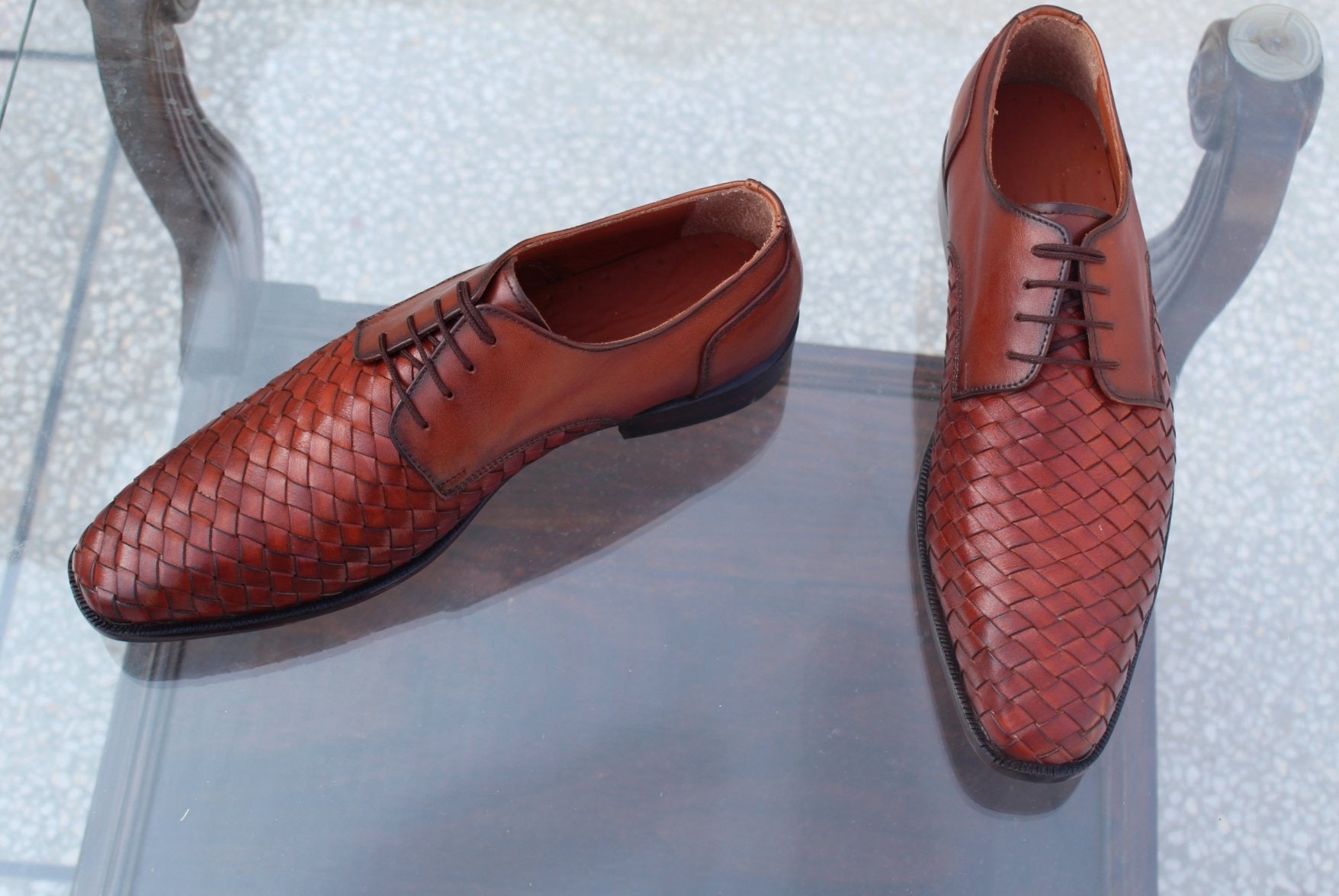 Genuine Brown Woven Leather Men Formal Oxford Dress Shoes