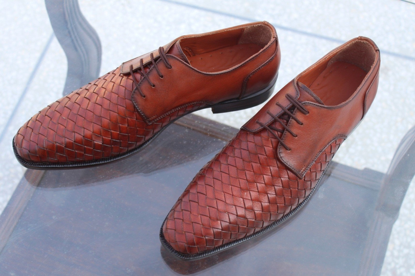 Genuine Brown Woven Leather Men Formal Oxford Dress Shoes
