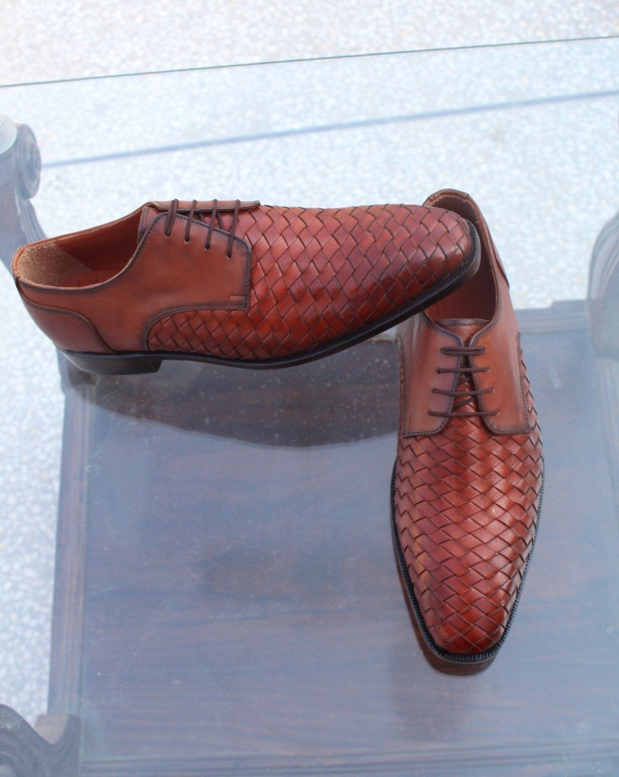 Genuine Brown Woven Leather Men Formal Oxford Dress Shoes