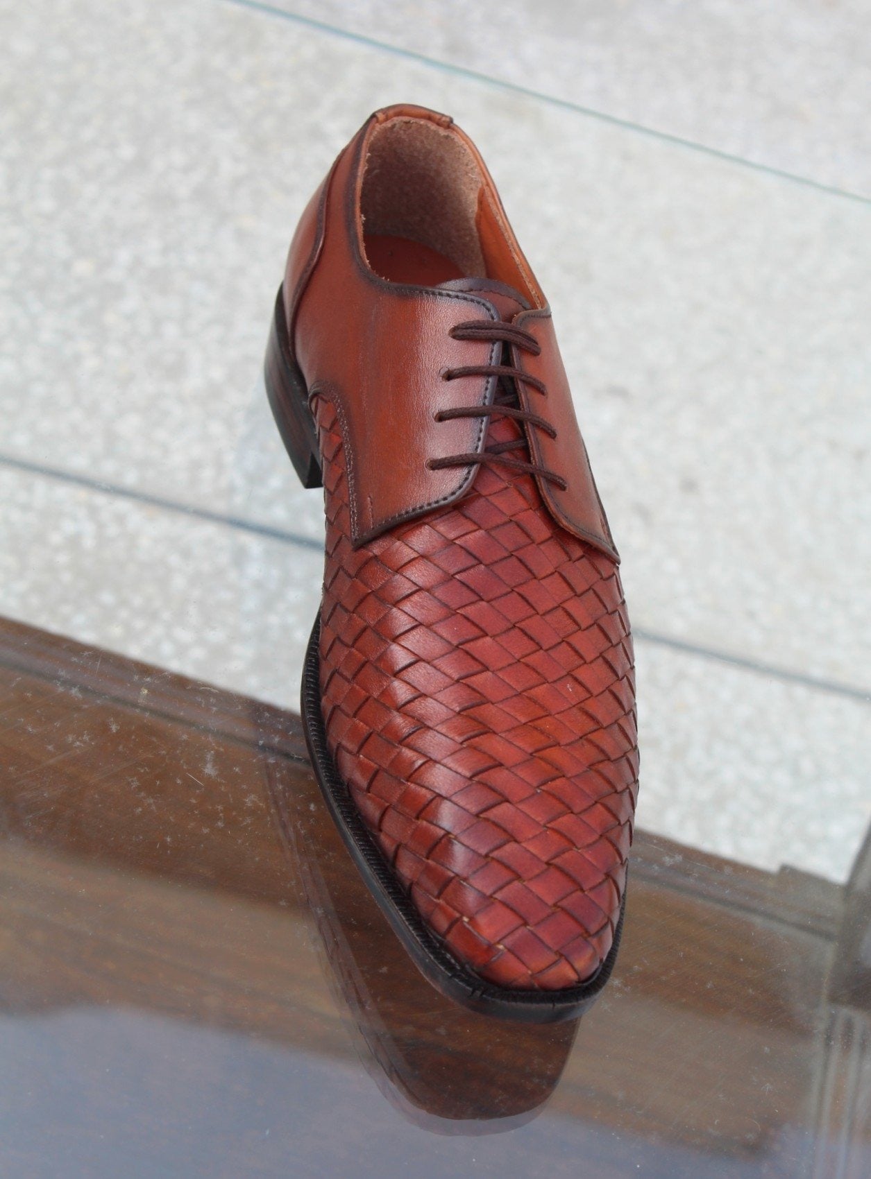 Genuine Brown Woven Leather Men Formal Oxford Dress Shoes
