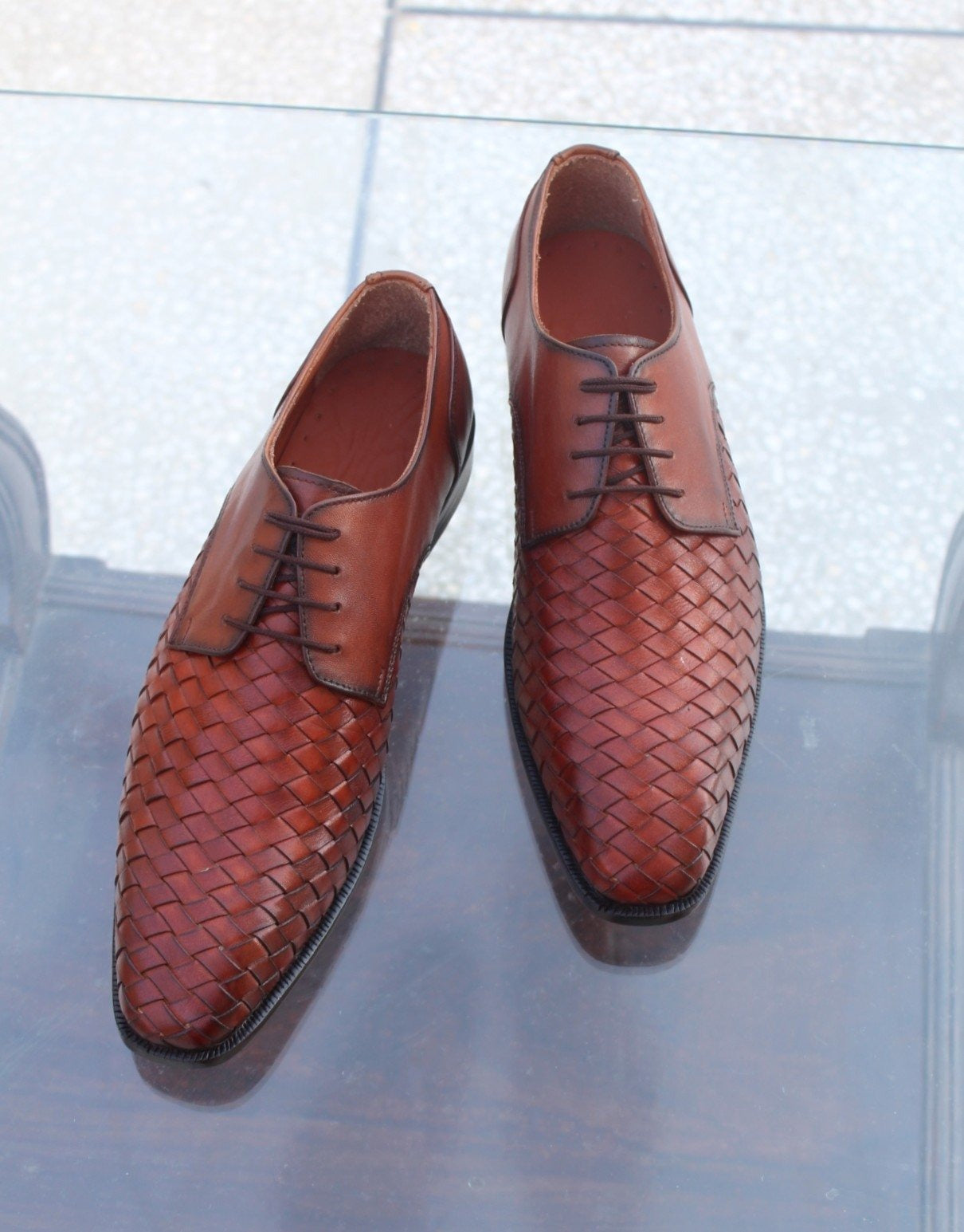 Genuine Brown Woven Leather Men Formal Oxford Dress Shoes