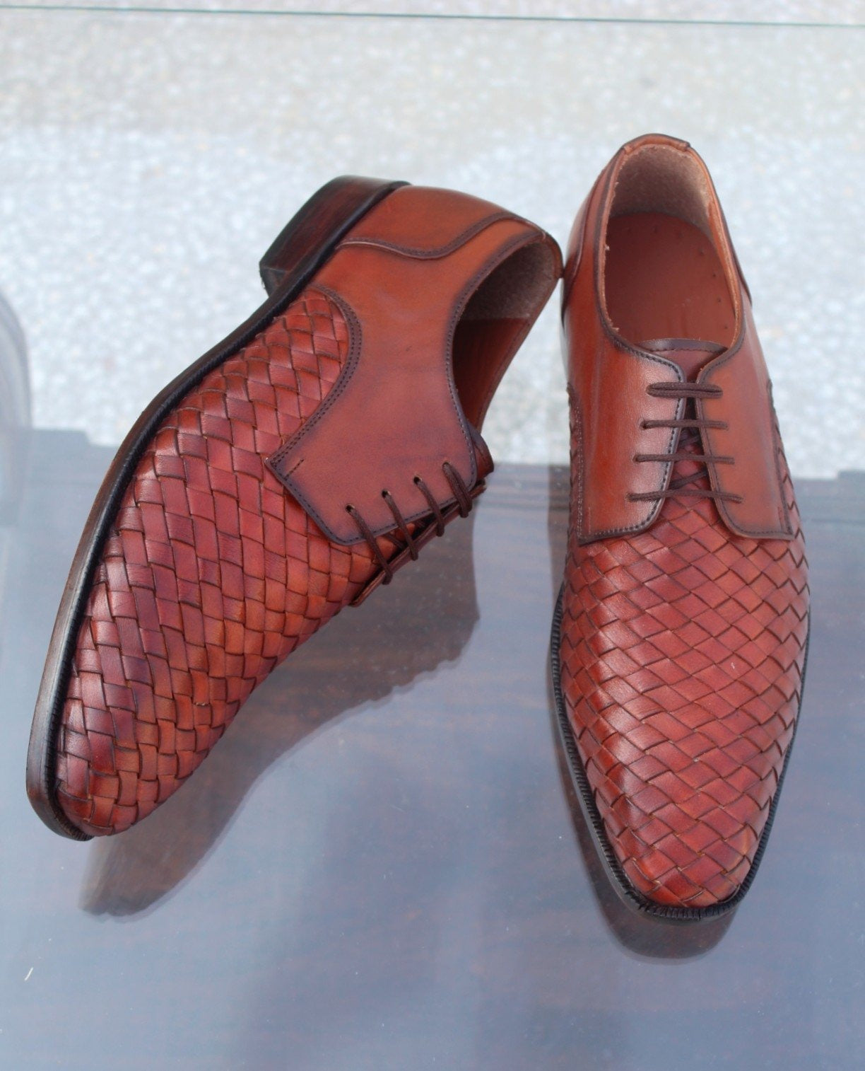 Genuine Brown Woven Leather Men Formal Oxford Dress Shoes