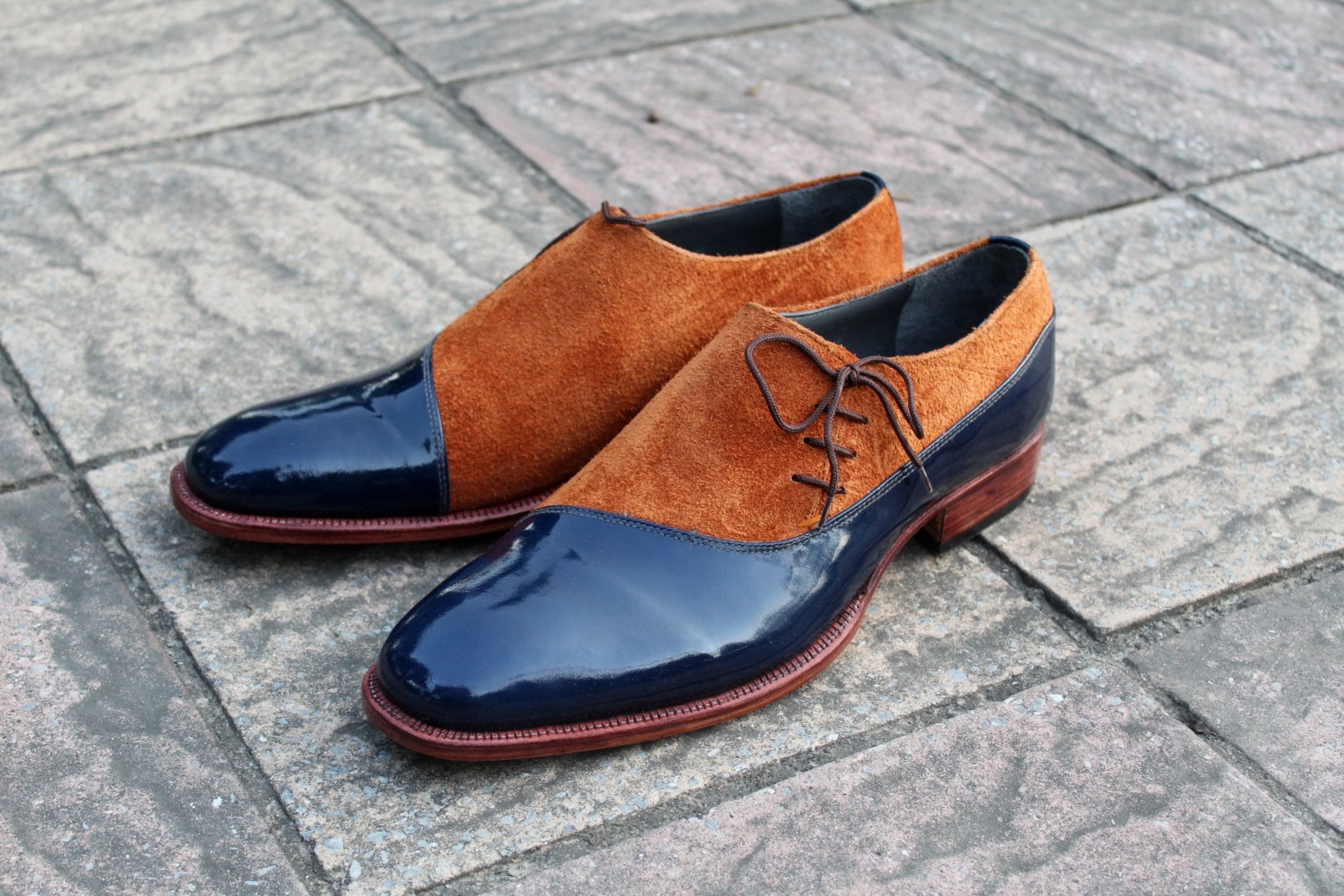 Blue Patent Brown Suede Leather Oxford Dress Shoes