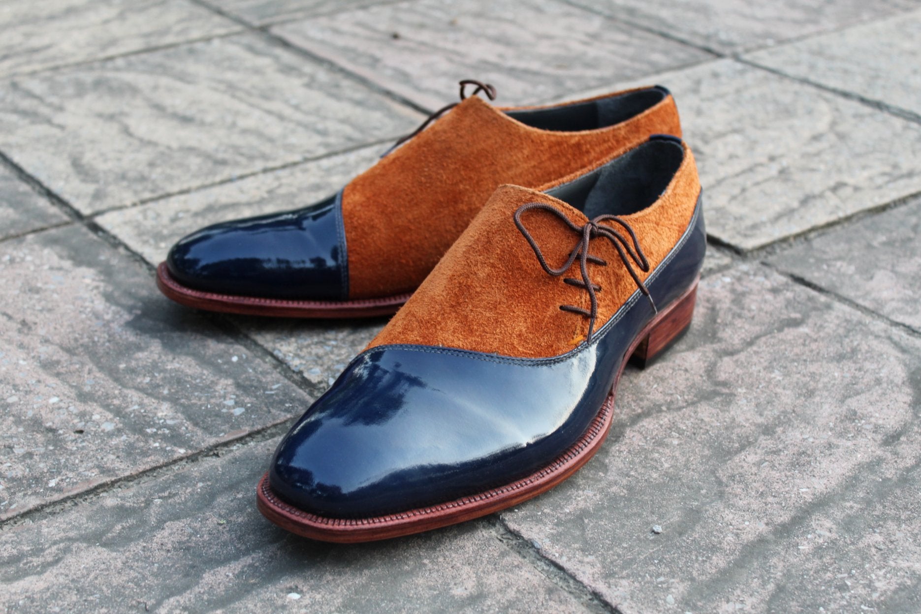 Blue Patent Brown Suede Leather Oxford Dress Shoes