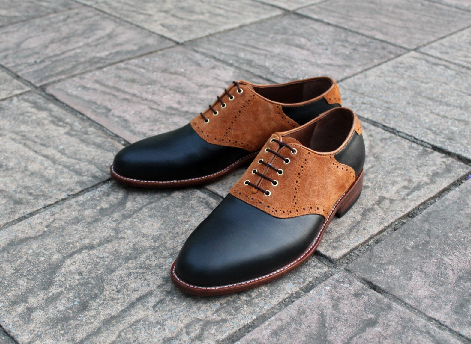 Classic Black Leather Brown Suede Leather Oxford Lace up Dress Shoes