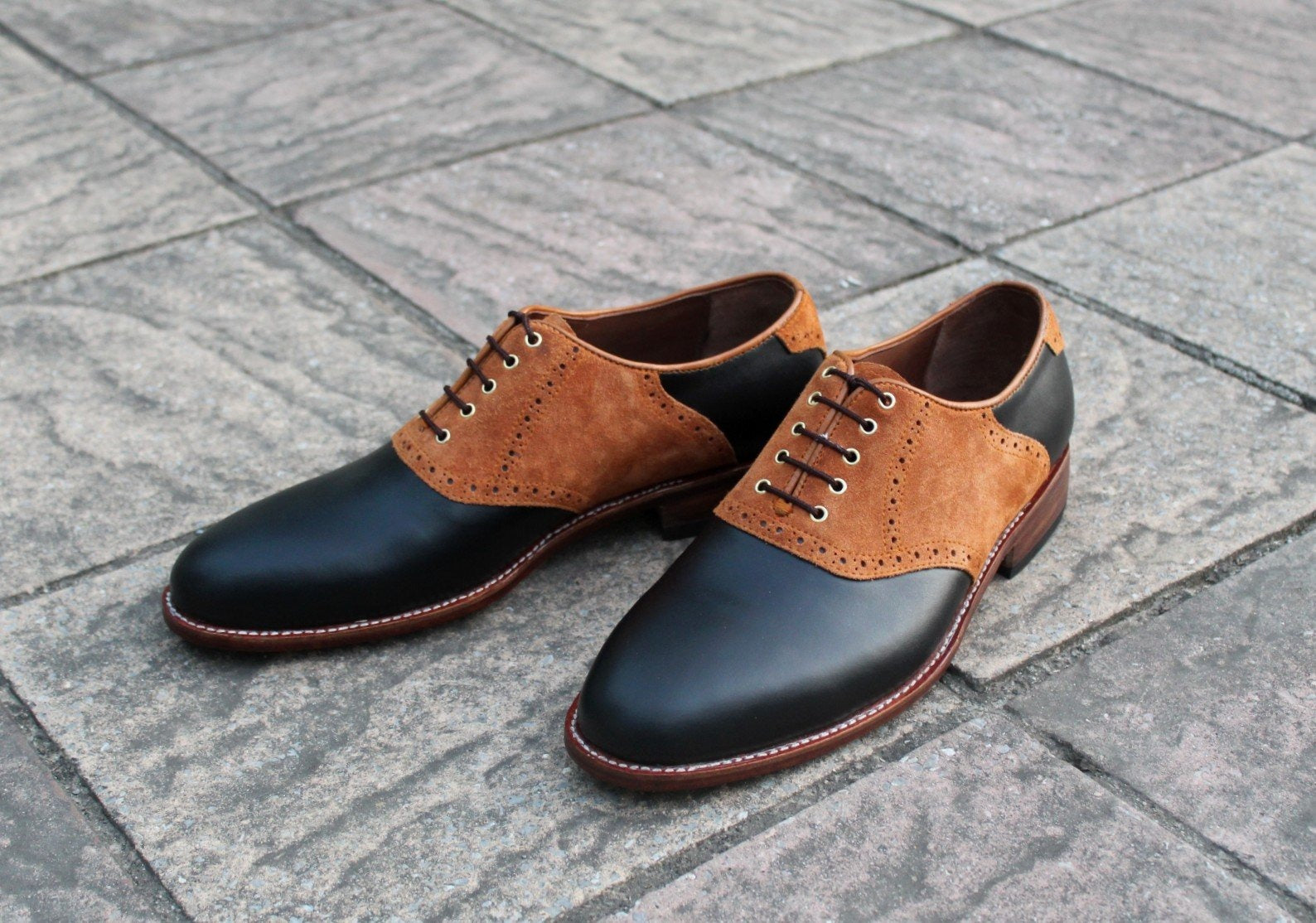 Classic Black Leather Brown Suede Leather Oxford Lace up Dress Shoes