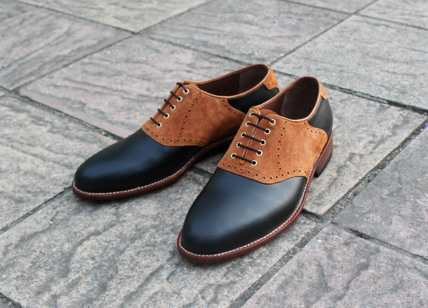 Classic Black Leather Brown Suede Leather Oxford Lace up Dress Shoes
