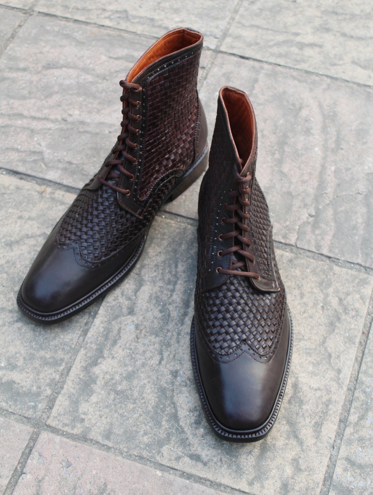 Dark Brown Woven Leather Ankle High Lace up Dress Boots