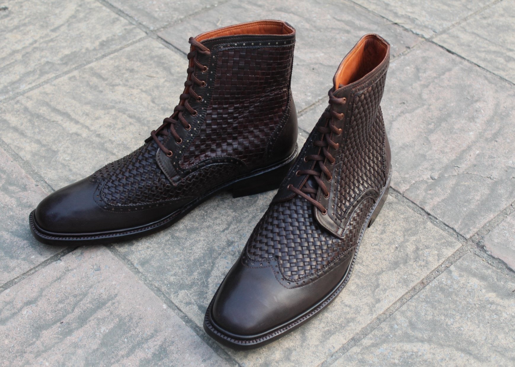 Dark Brown Woven Leather Ankle High Lace up Dress Boots