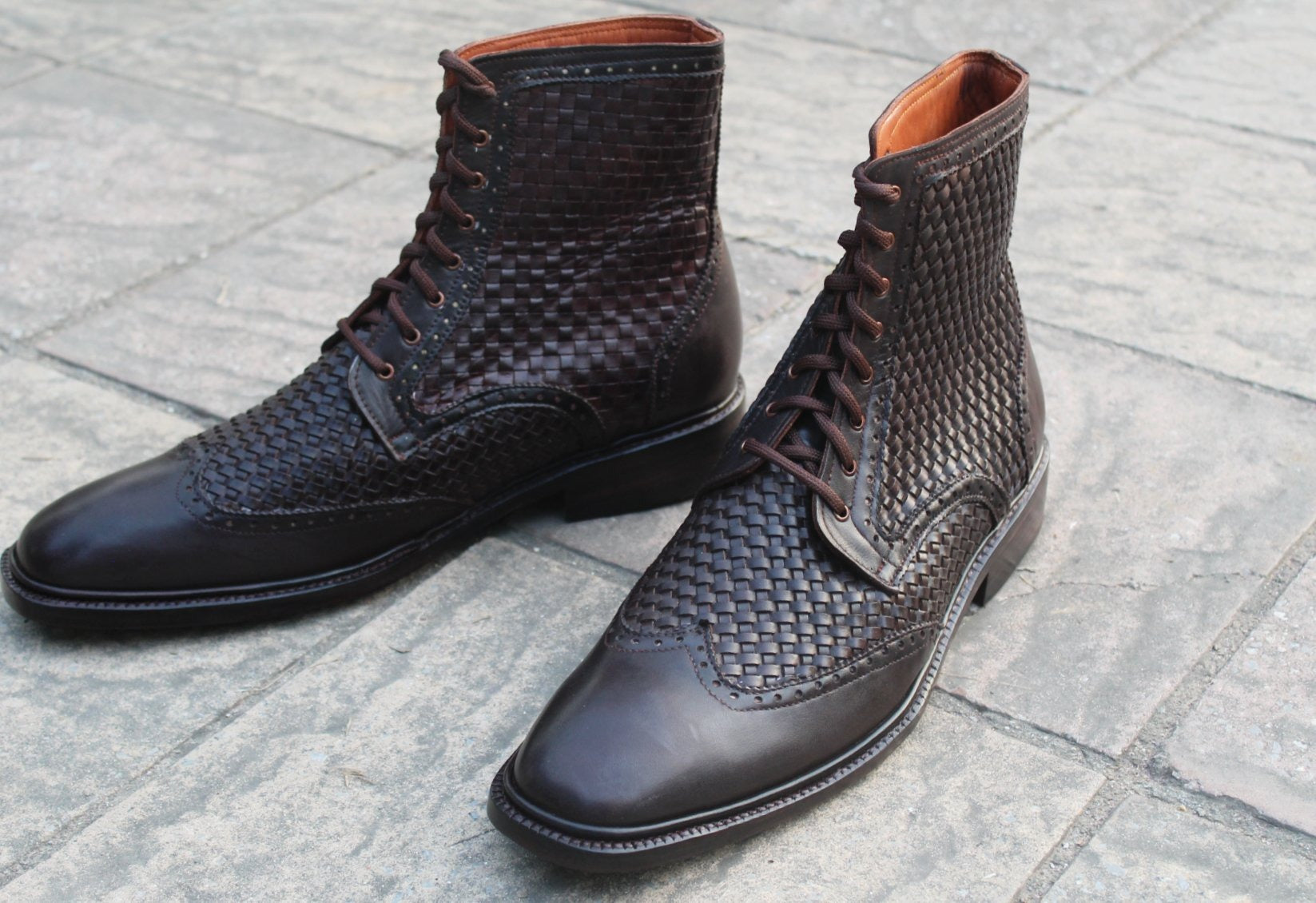 Dark Brown Woven Leather Ankle High Lace up Dress Boots