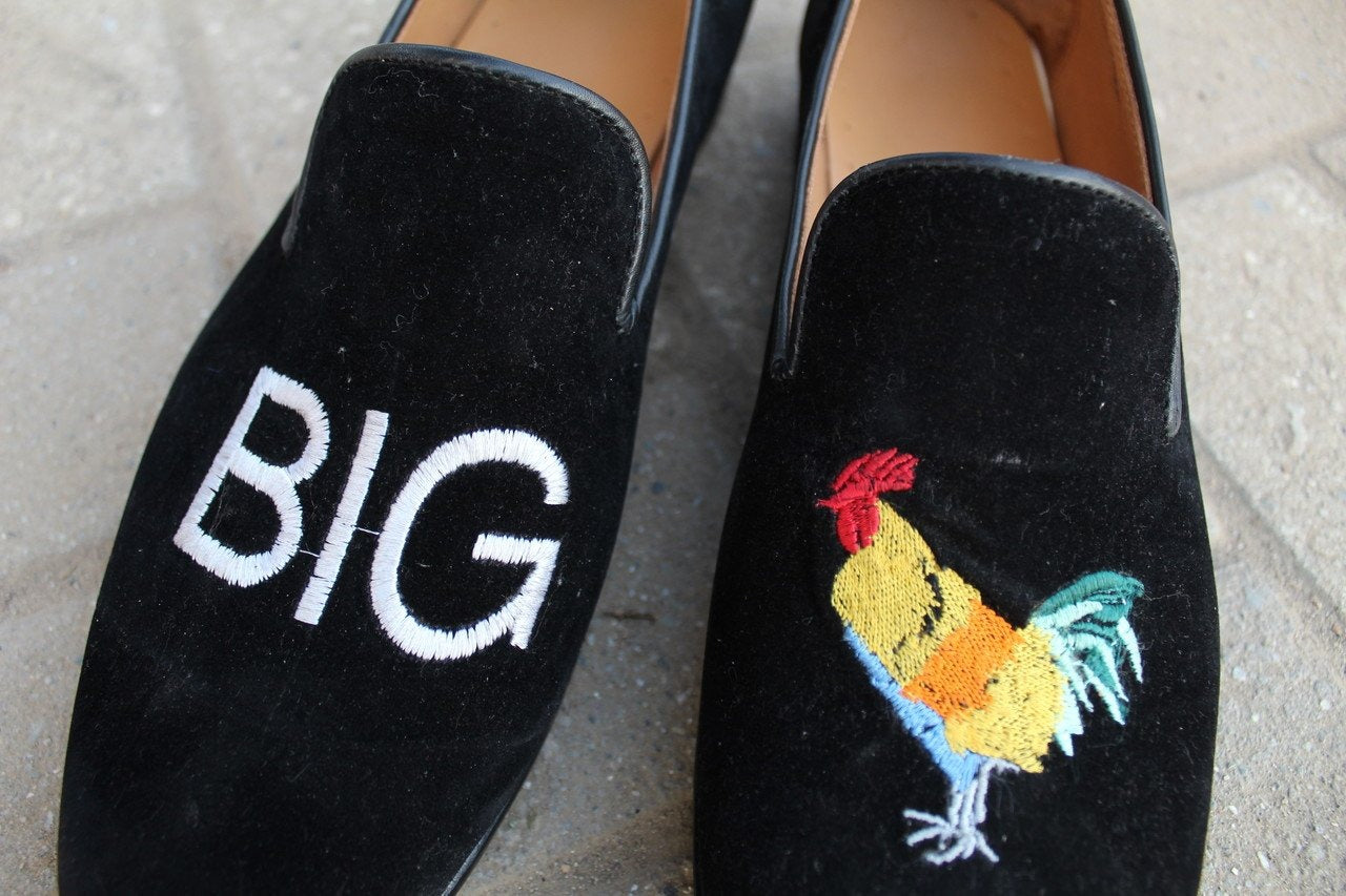 Black Velvet Slipper Embroidery Loafers Dress Shoes