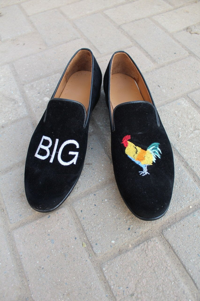 Black Velvet Slipper Embroidery Loafers Dress Shoes