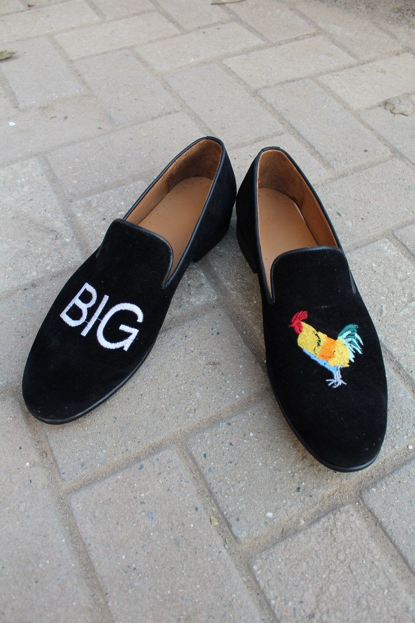 Black Velvet Slipper Embroidery Loafers Dress Shoes