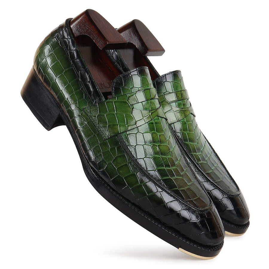 Green Croco Mirror Glossy Penny Loafers