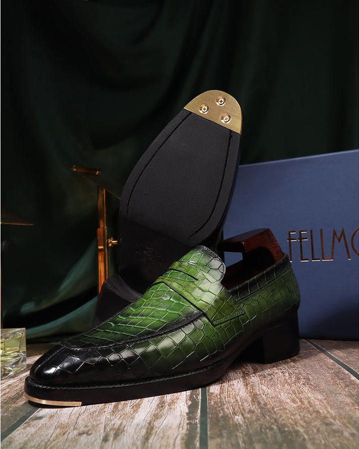Green Croco Mirror Glossy Penny Loafers
