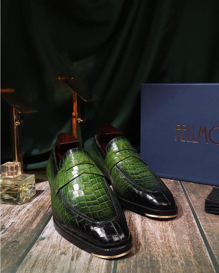 Green Croco Mirror Glossy Penny Loafers