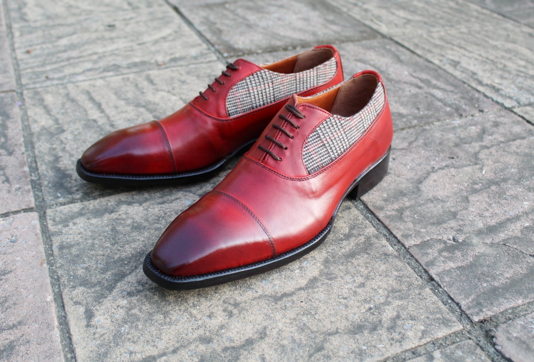 Men Red Tweed Leather Contrast Oxford Dress Lace up Shoes