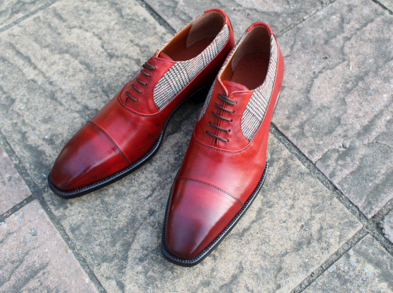 Men Red Tweed Leather Contrast Oxford Dress Lace up Shoes