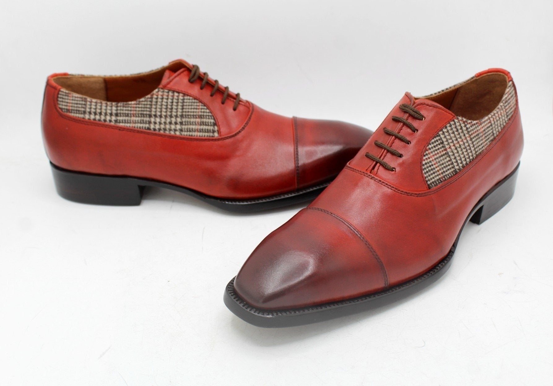 Men Red Tweed Leather Contrast Oxford Dress Lace up Shoes