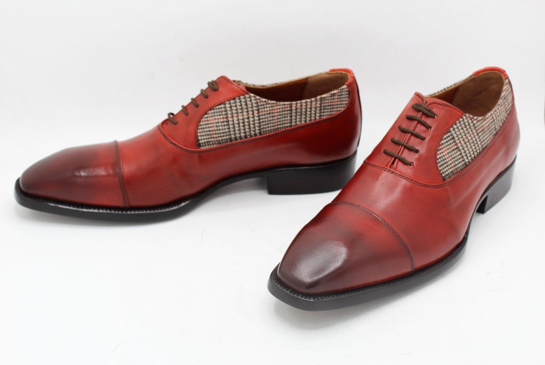 Men Red Tweed Leather Contrast Oxford Dress Lace up Shoes