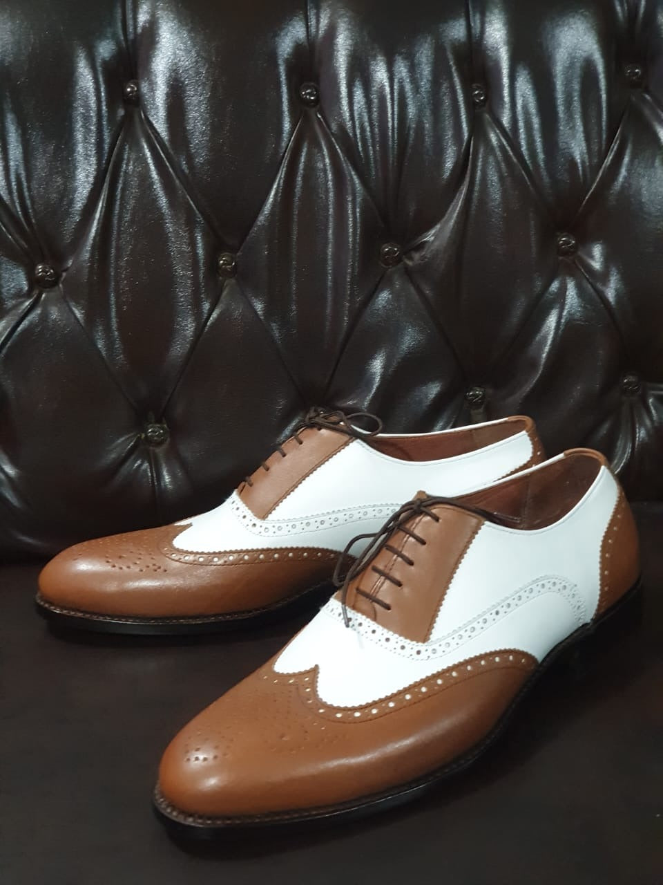 Men Brown White Leather Wingtip Oxford Dress Shoes