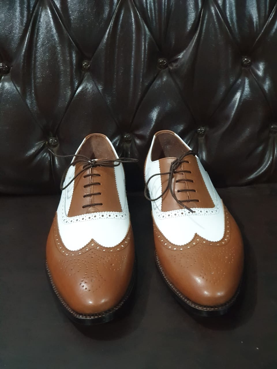 Men Brown White Leather Wingtip Oxford Dress Shoes