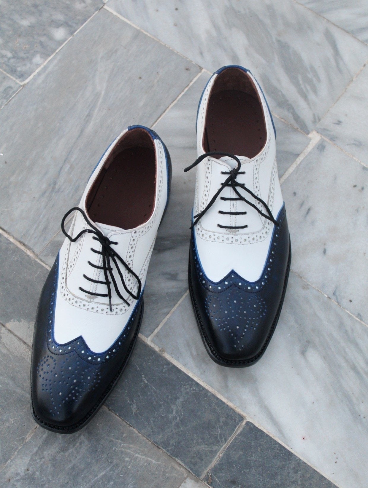 Men Blue White Leather Wingtip Oxford Dress Shoes