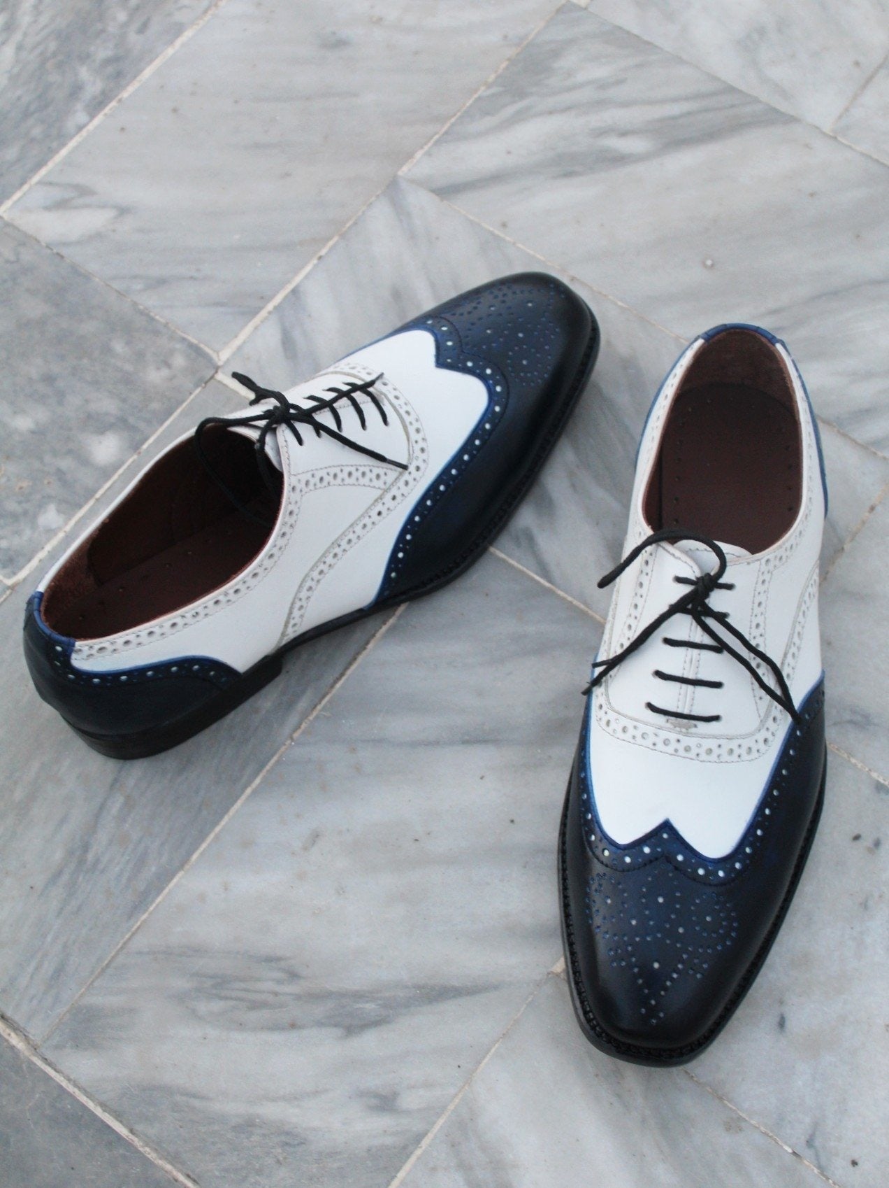 Men Blue White Leather Wingtip Oxford Dress Shoes