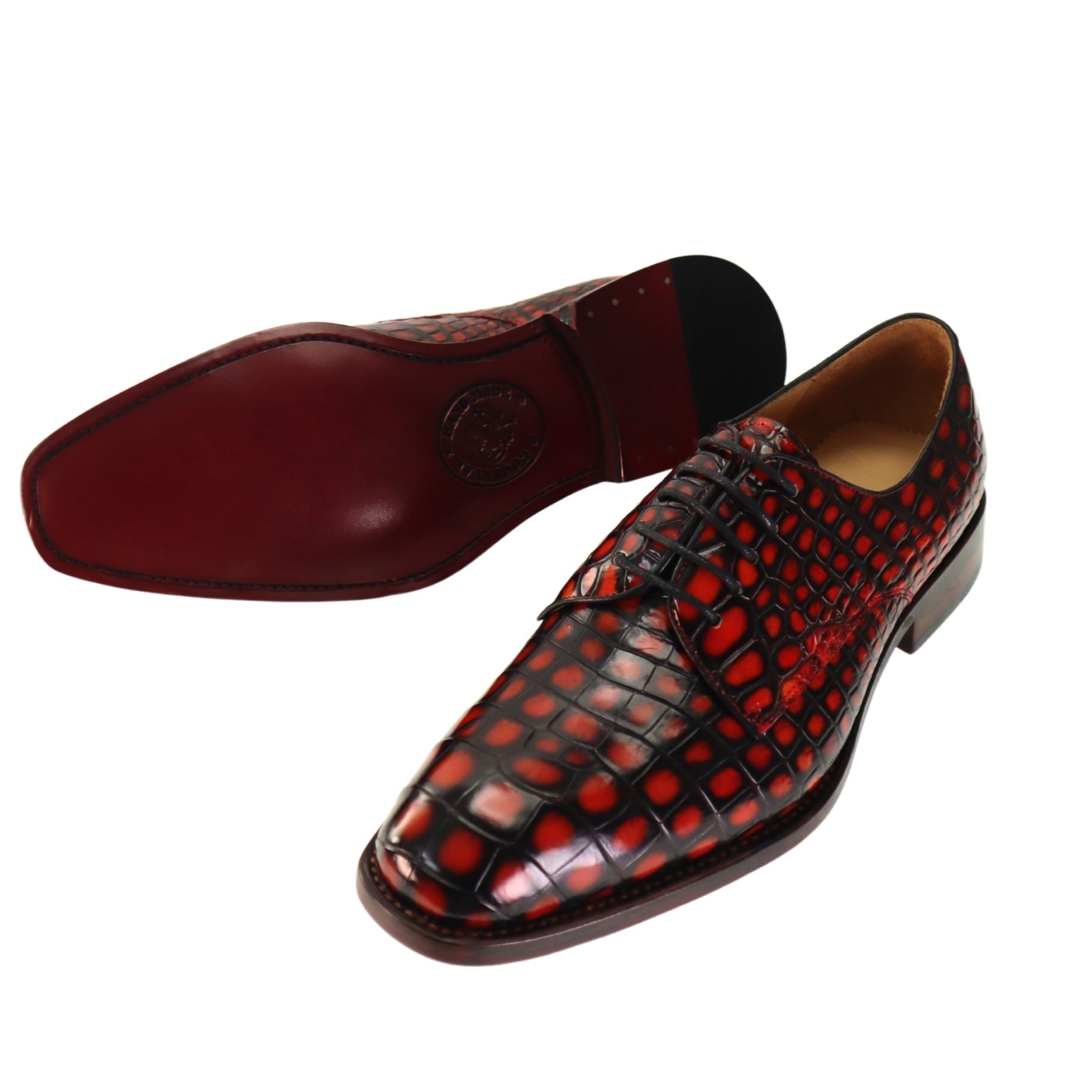 Genuine Alligator Leather Men’s Derby Perforated Lace-Up Dress Shoes Red Patina Alligator