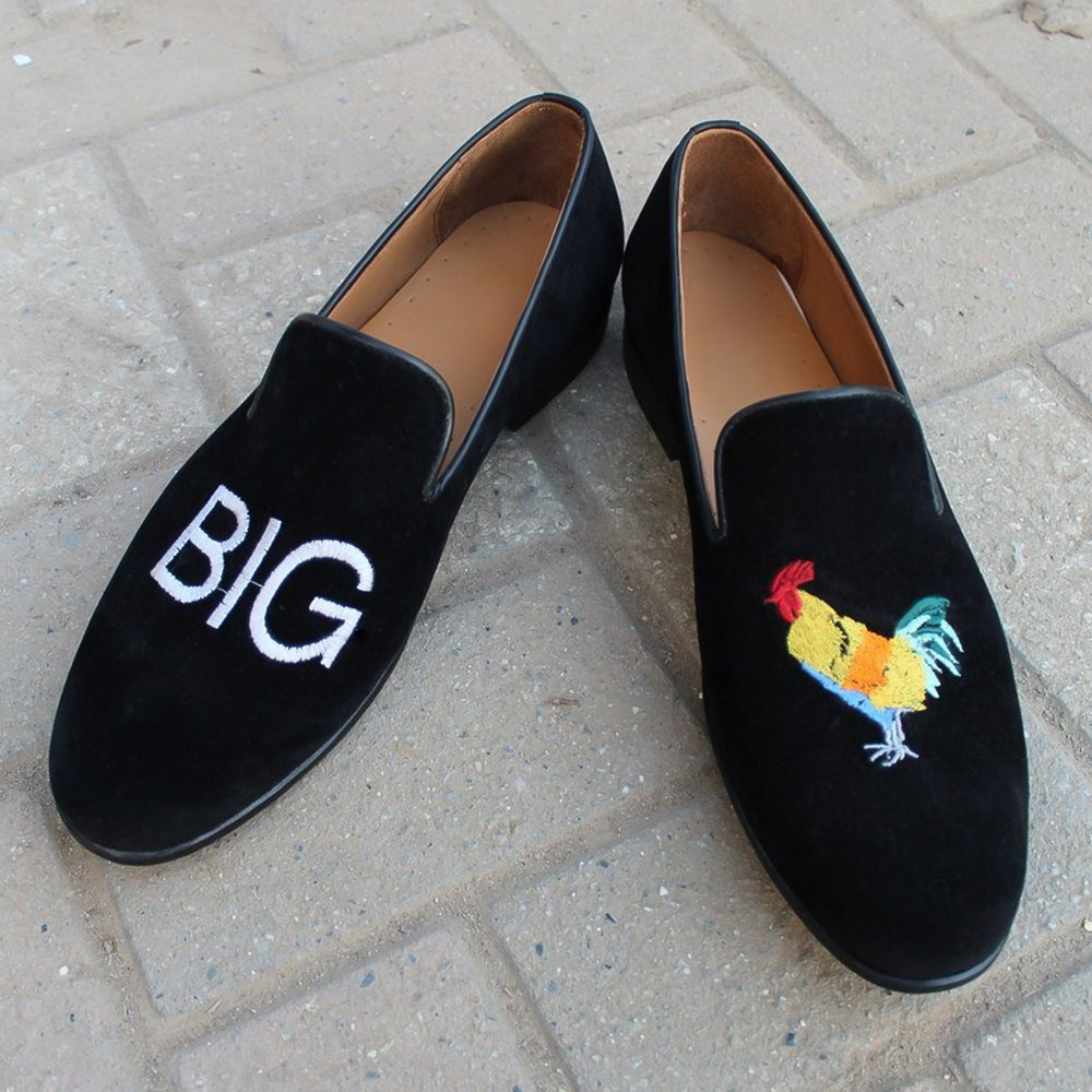 Black Velvet Slipper Embroidery Loafers Dress Shoes