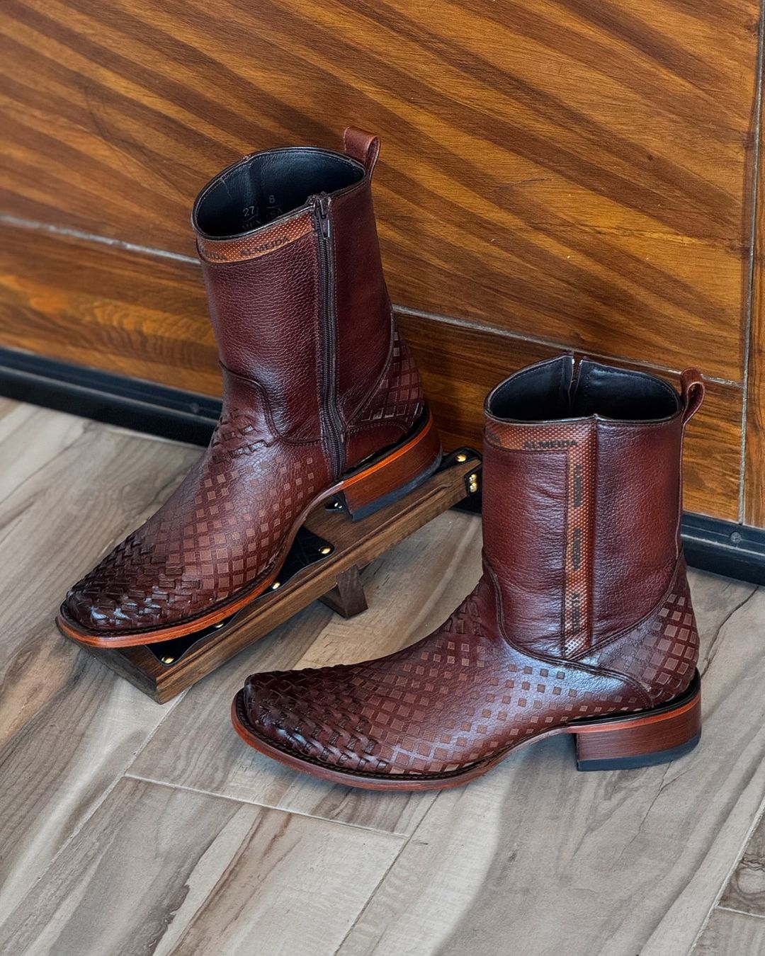 Woven Cowhide Leather Laser Finish Boots