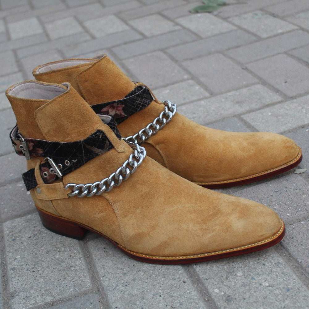 Pure Suede Beige Stylish Chain Ankle High Strap Boot