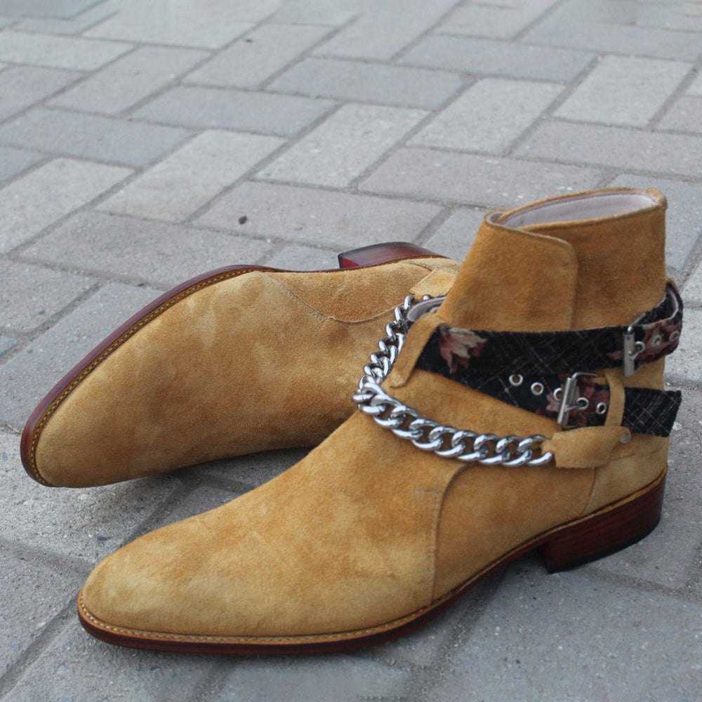 Pure Suede Beige Stylish Chain Ankle High Strap Boot