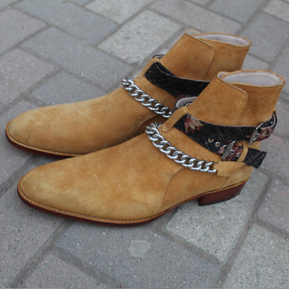 Pure Suede Beige Stylish Chain Ankle High Strap Boot